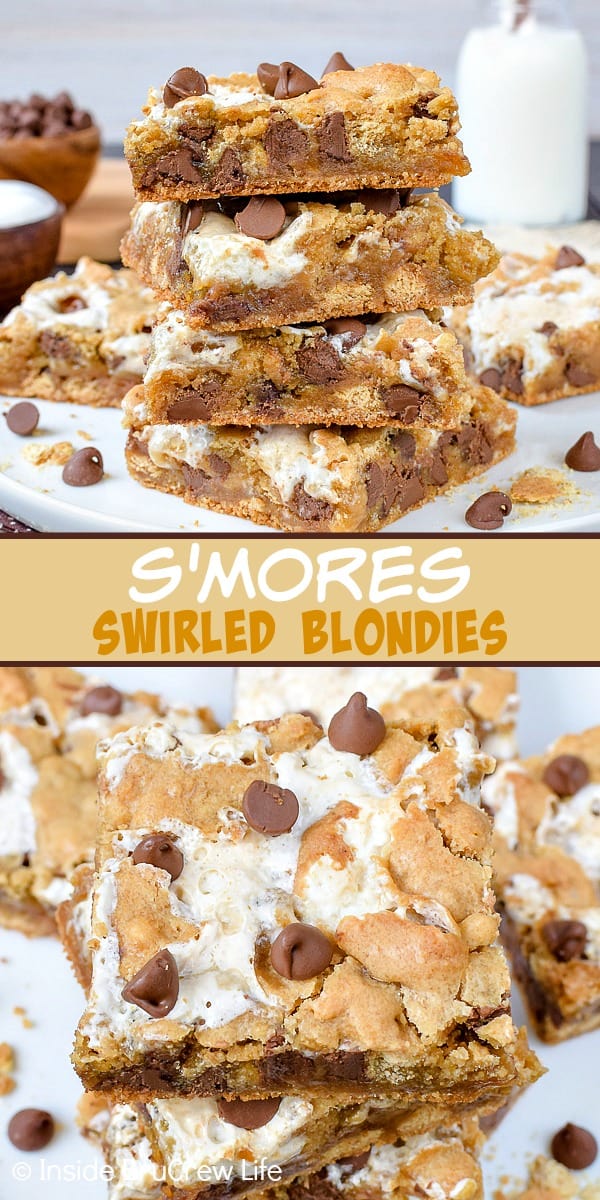 Two pictures of s'mores blondies collaged together with a yellow text box.