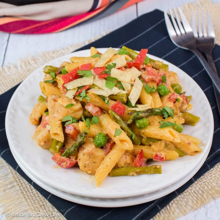 Spicy chipotle chicken pasta on a white plate.