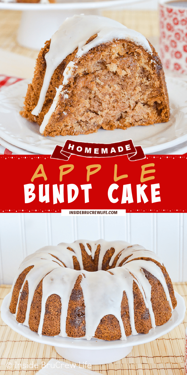 Two pictures of apple bundt cake collaged together with a red text box.