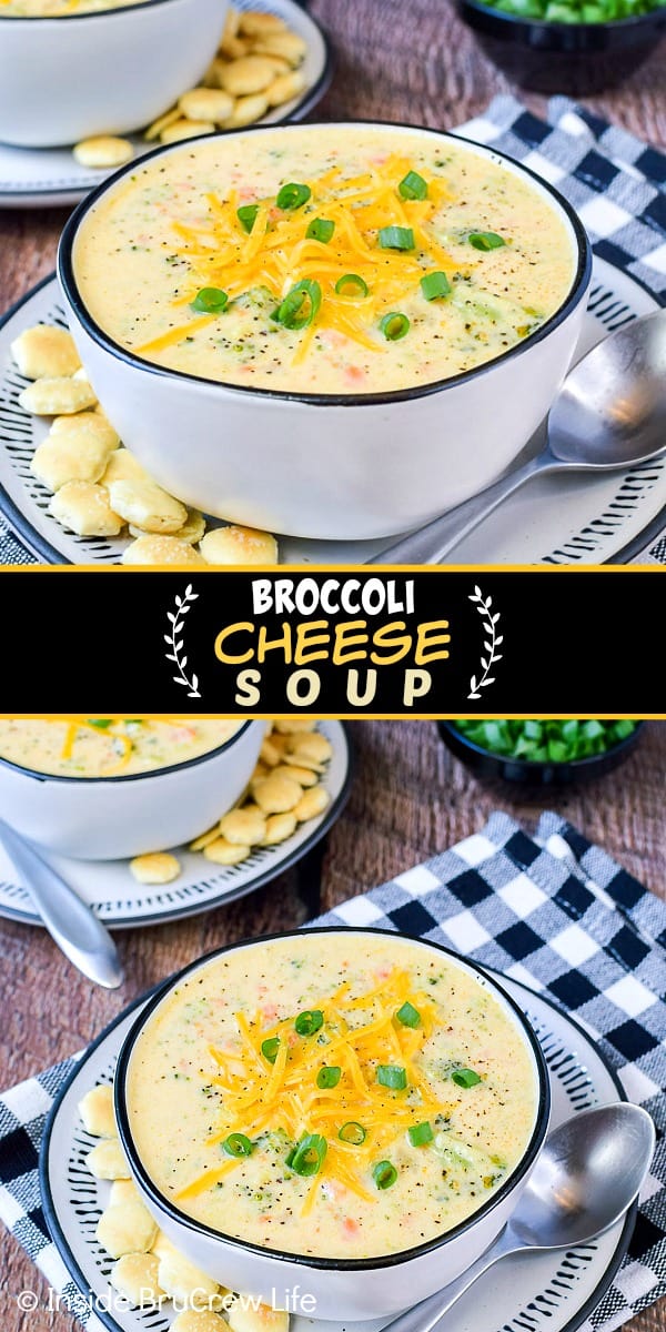 Two pictures of Broccoli Cheese Soup collaged together with a black text box.