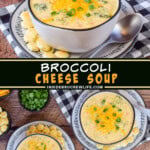 Two pictures of broccoli and cheese soup collaged with a black text box.