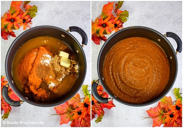 Two pictures collaged together showing the pumpkin butter cooked down in the pan.
