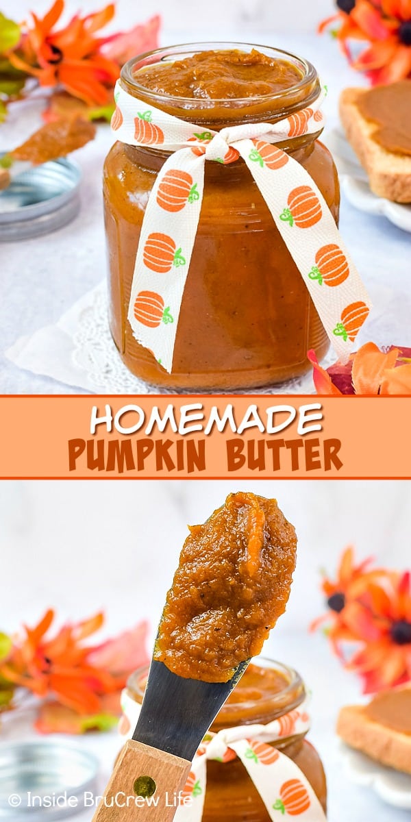 Two pictures of pumpkin butter collaged together with a light orange text box.