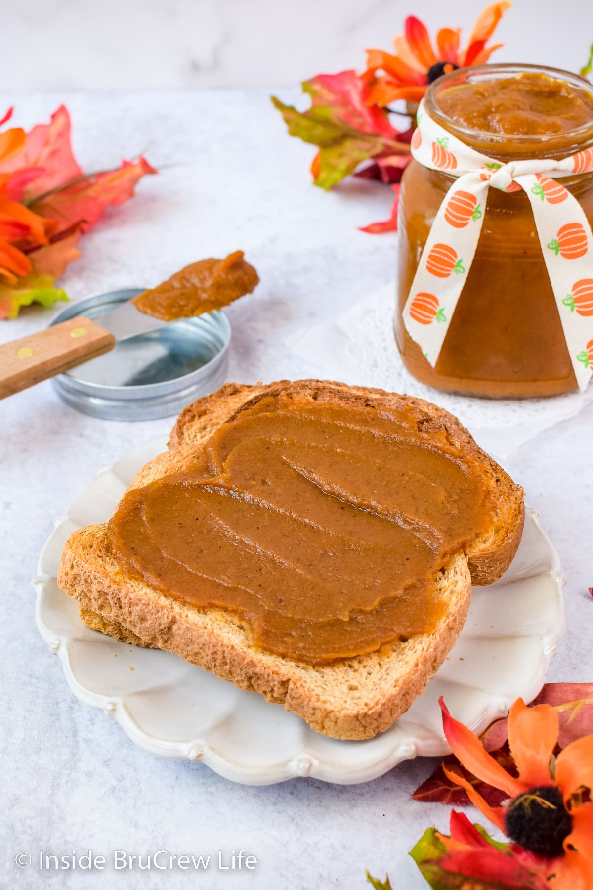 A slice of toast on a plate with fruit butter spread on it.