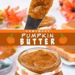 Two pictures of pumpkin butter with an orange text box.