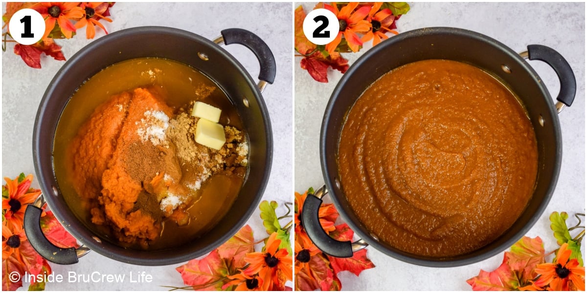 Two pictures collaged together showing how to cook pumpkin butter on the stove top.