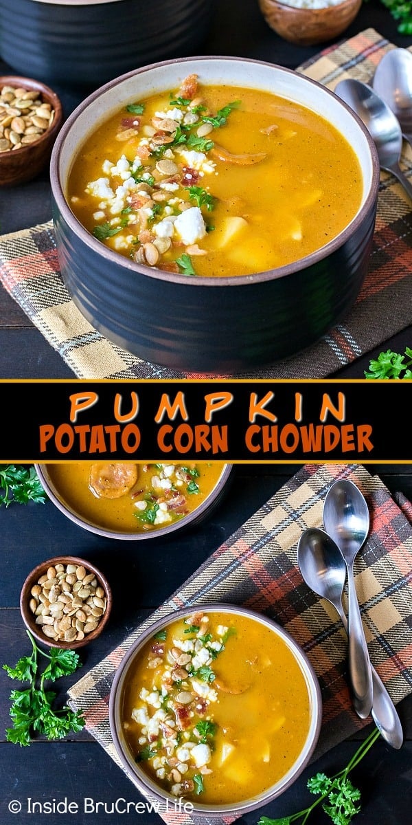 Pumpkin Potato Corn Chowder - this hearty fall soup is loaded with veggies, meat, and noodles. Easy recipe to have on the dinner table in 30 minutes.