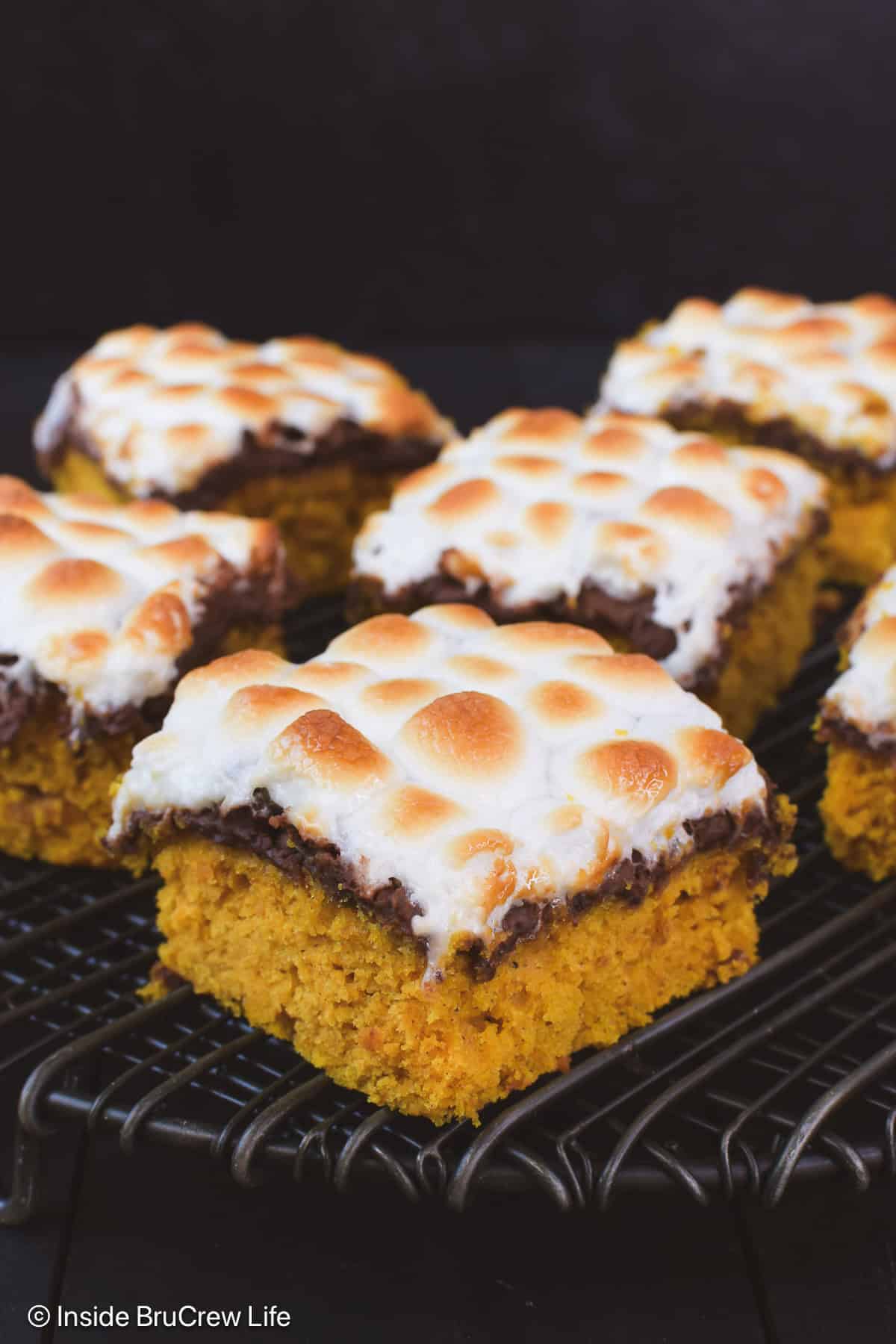 Pumpkin bars with melted chocolate and marshmallows on top.