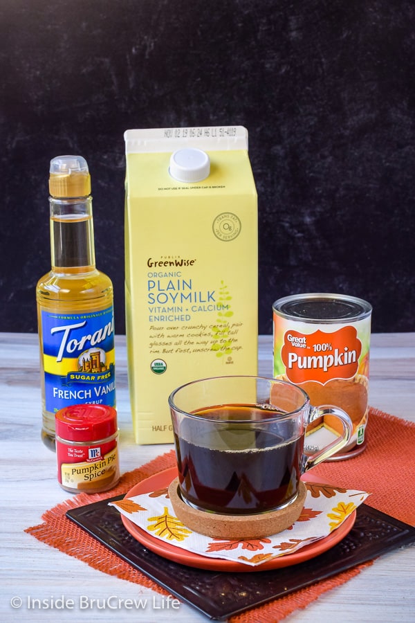 Ingredients needed to make a sugar free pumpkin spice latte using vegan milk.