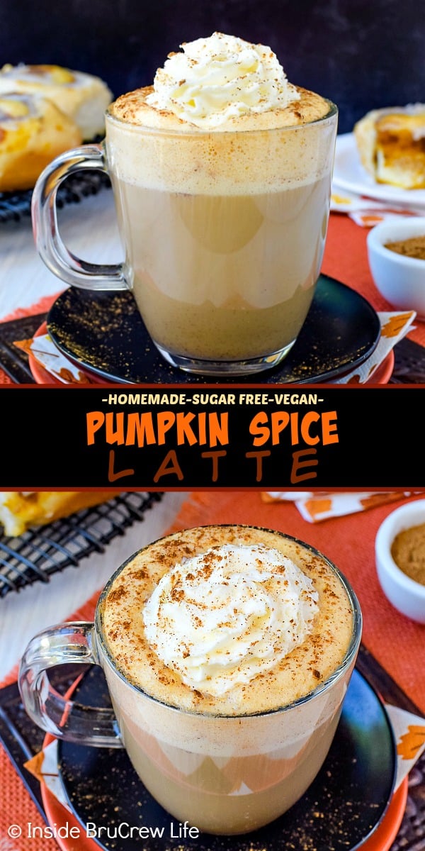 Two pictures of vegan sugar free pumpkin spice latte collaged together with a black text box.