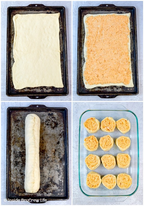 Four pictures showing how to make Buffalo Chicken Pizza Rolls collaged together