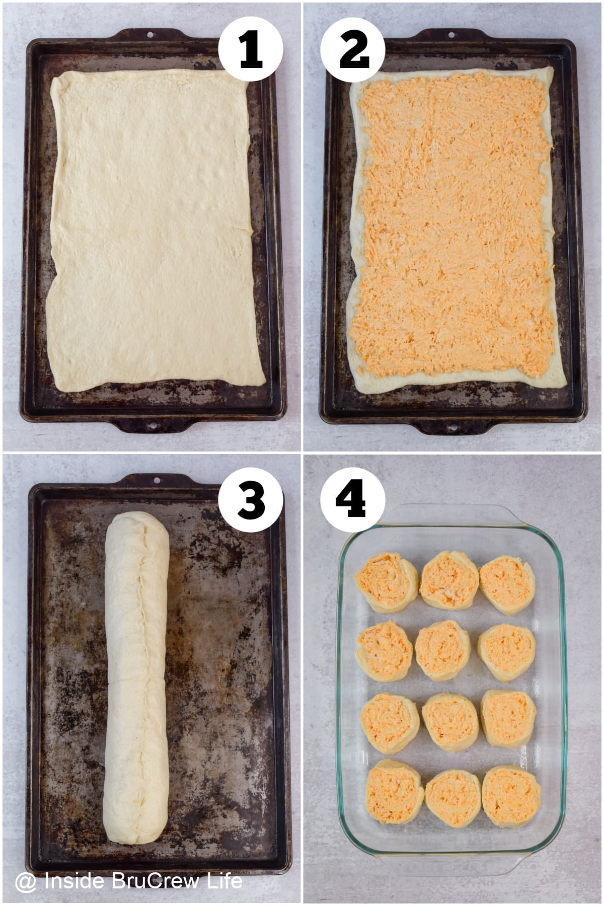 Four pictures collaged together showing how to make a pizza roll with buffalo chicken.