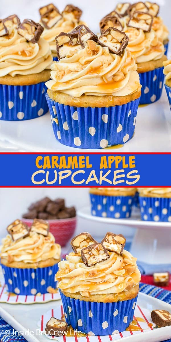 Caramel Apple Cupcakes - swirls of homemade caramel frosting and candy bars add a fun flair to these easy apple cupcakes. Make this easy recipe for parties and events this fall. #cupcakes #caramelapple #caramelfrosting #Snickers