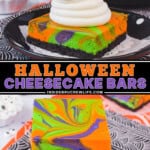 Pinterest title image for Halloween Cheesecake Bars.
