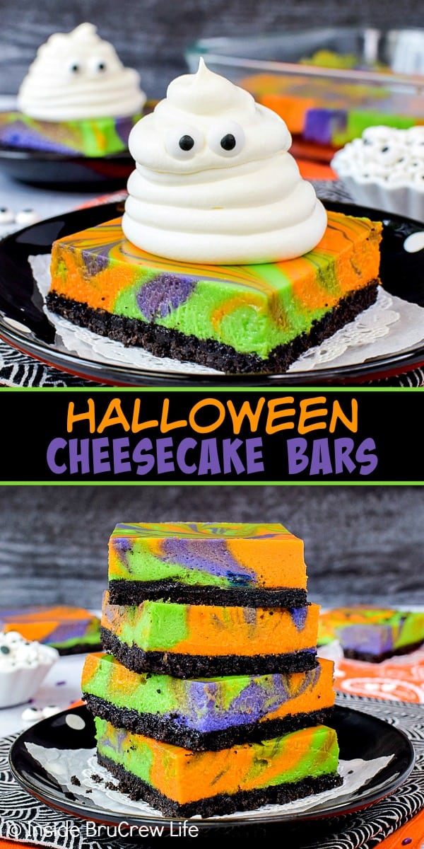 Two pictures of Halloween cheesecake bars collaged together with a black text box.