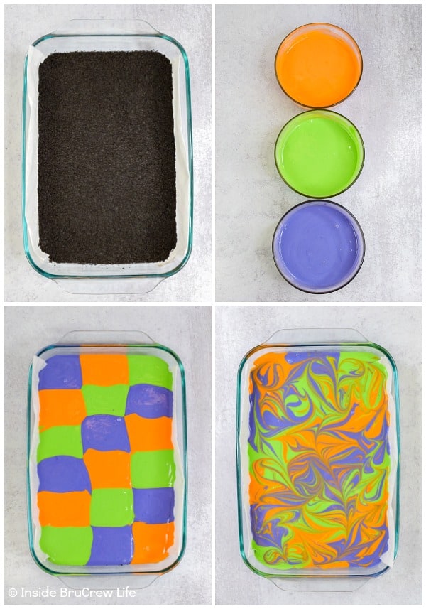 Four pictures showing the steps to making marbled cheesecake bars with Halloween colors.