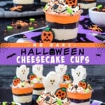 Two pictures of no bake Halloween cheesecake collaged with a purple text box.