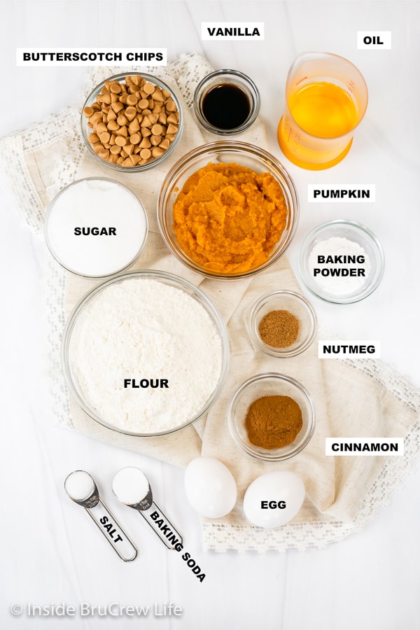 Overhead shot of a list of ingredients to make Butterscotch Pumpkin Whoopie Pies