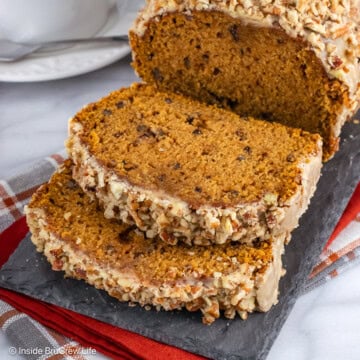 Slices of pumpkin bread on a tray.