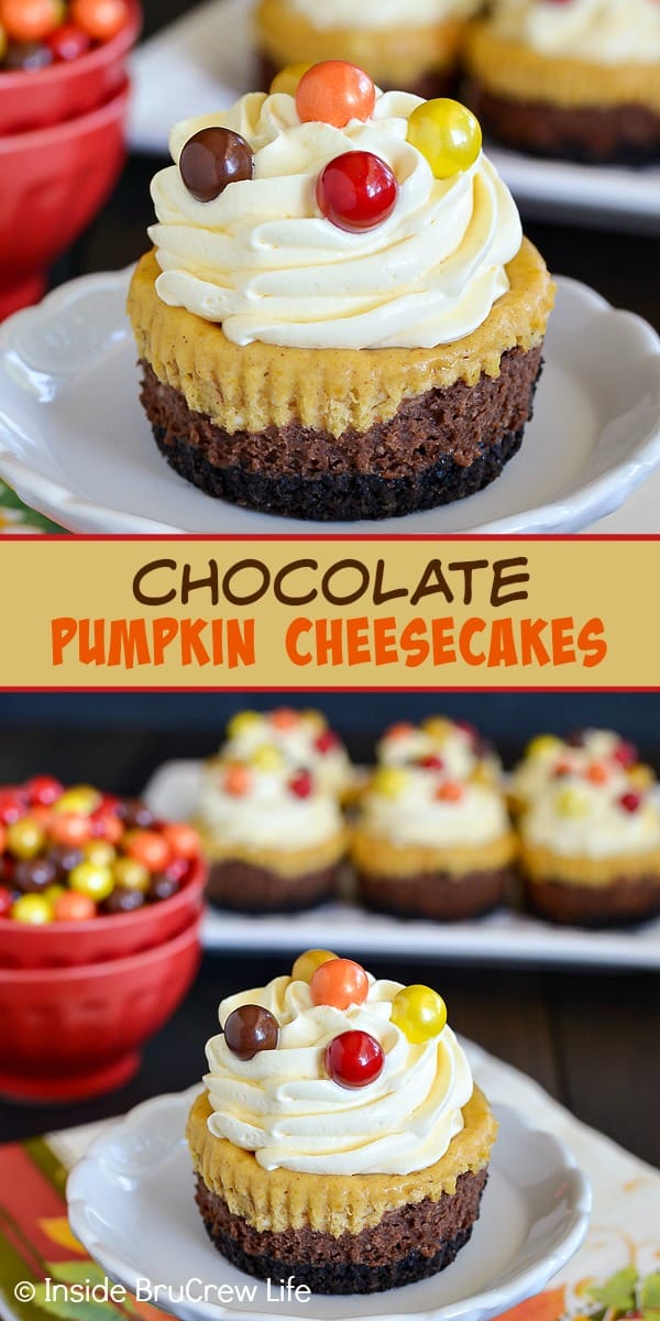 Chocolate Pumpkin Cheesecakes - these mini cheesecake cupcakes have layers of chocolate and pumpkin cheesecake on an Oreo cookie crust. Make this easy recipe for Thanksgiving dinner! #cheesecake #chocolate #pumpkin #thanksgiving #cheesecakecupcakes