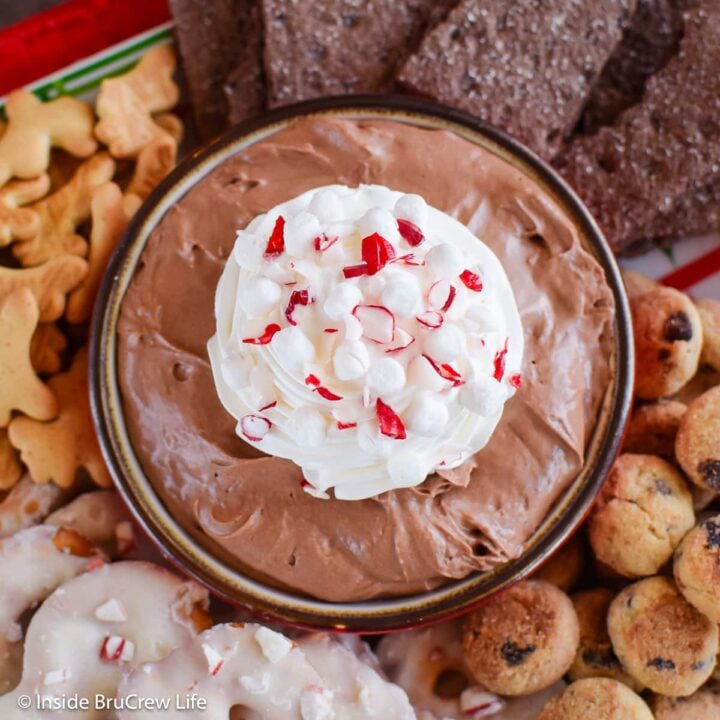 A bowl of chocolate dip with cookies around it.