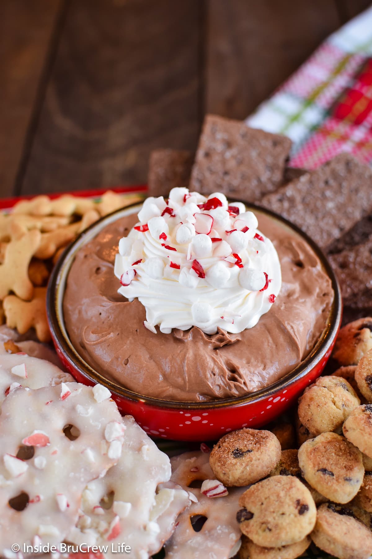 A bowl of chocolate dip with cookies around it.