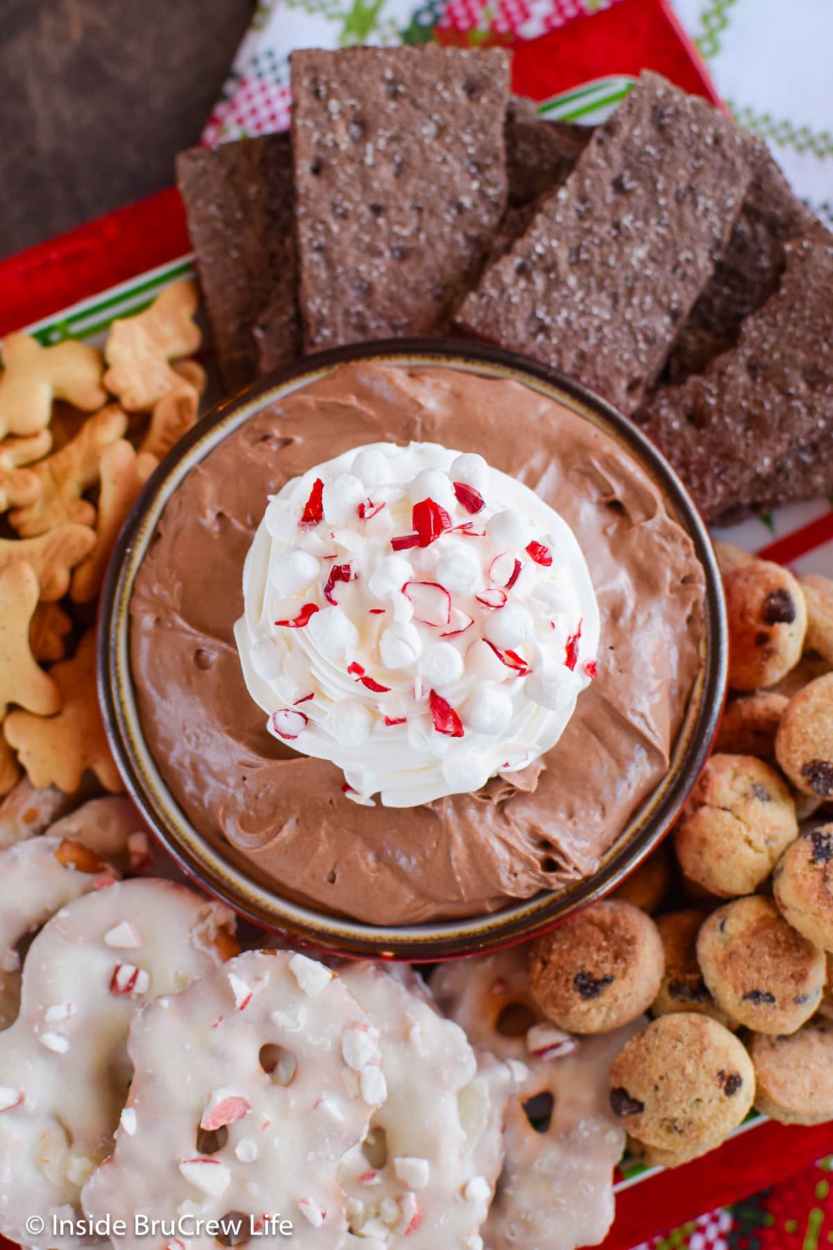 An overhead picture of a bowl of chocolate dip with cookies.