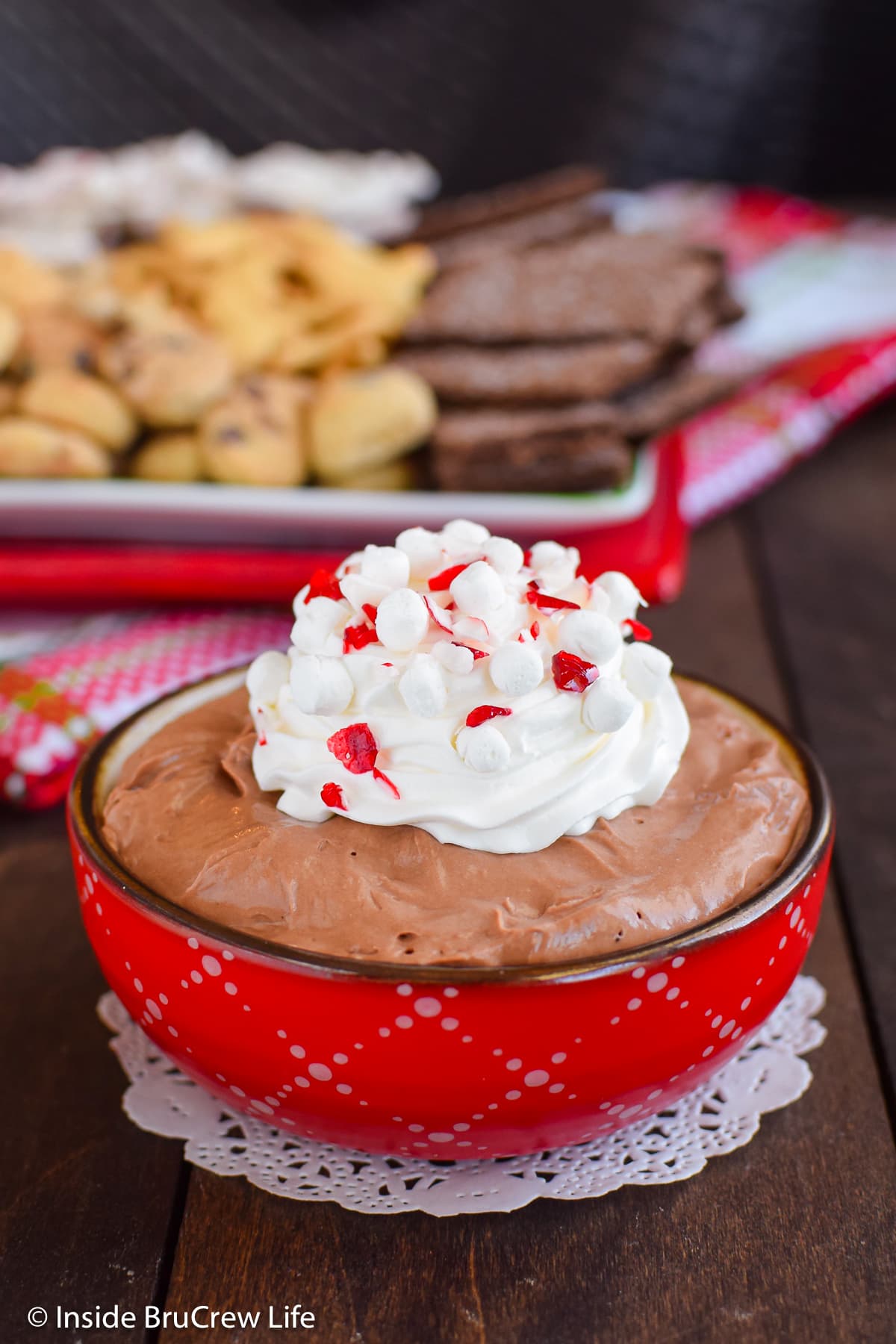 A bowl filled with chocolate dip and a plate of cookies behind it.