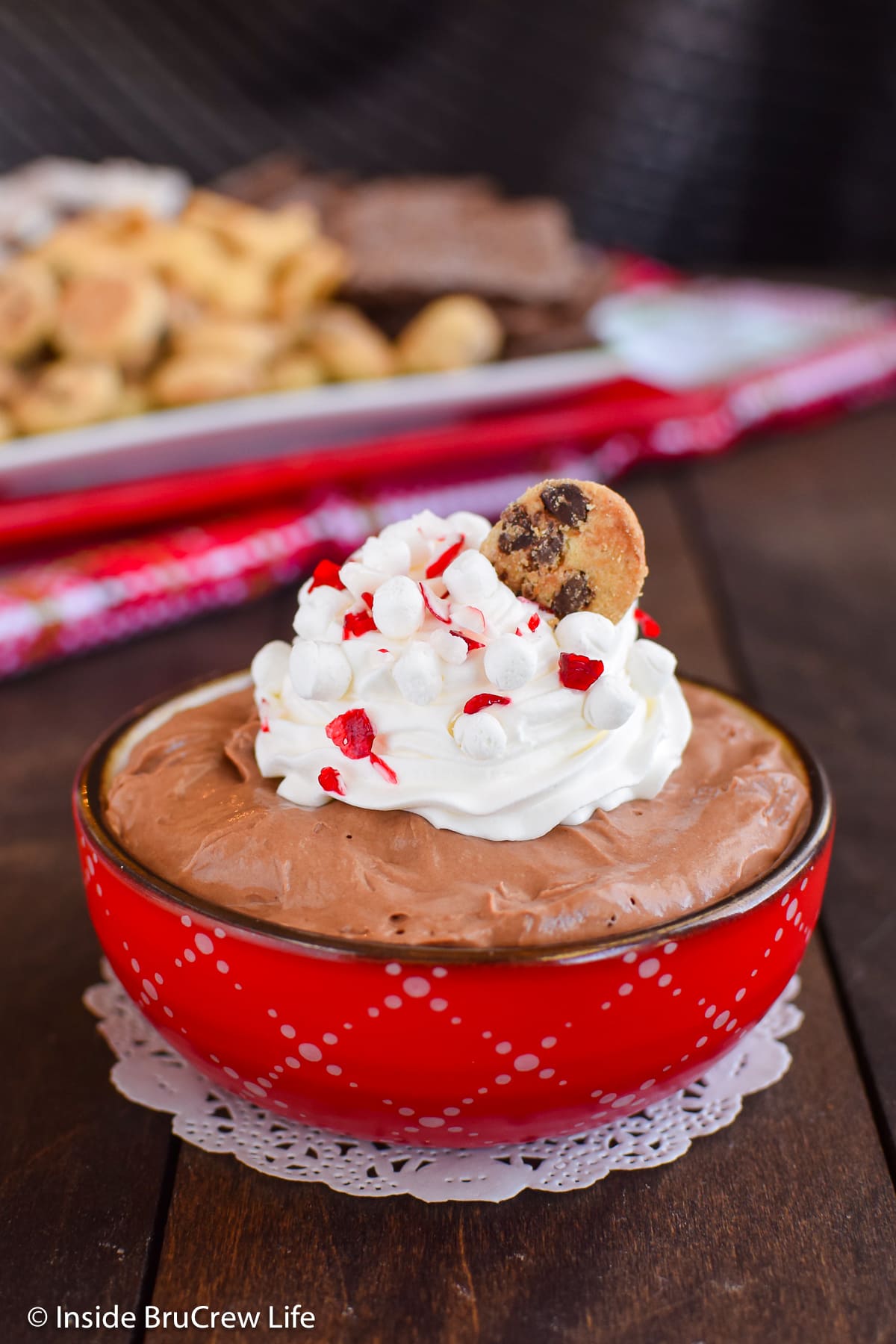 A bowl filled with chocolate dip and a plate of cookies behind it.
