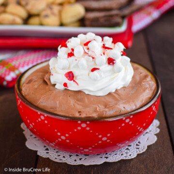 A bowl filled with chocolate dip and a plate of cookies behind it.