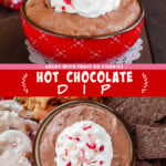 Two pictures of hot chocolate dip collaged with a red text box.