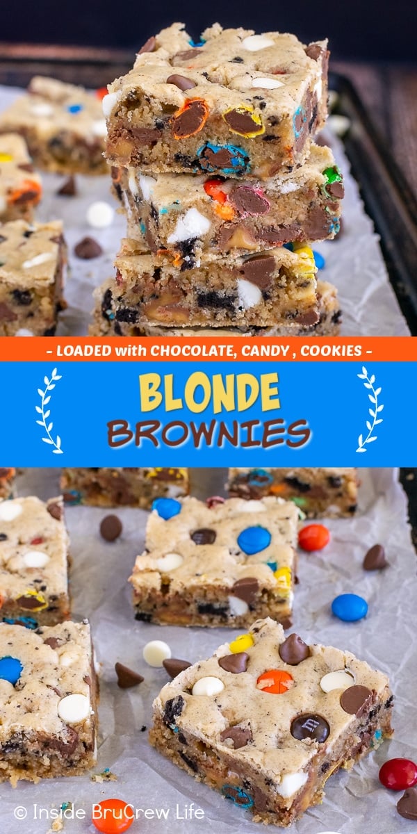 Two pictures of loaded blonde brownies collaged together with a blue text box