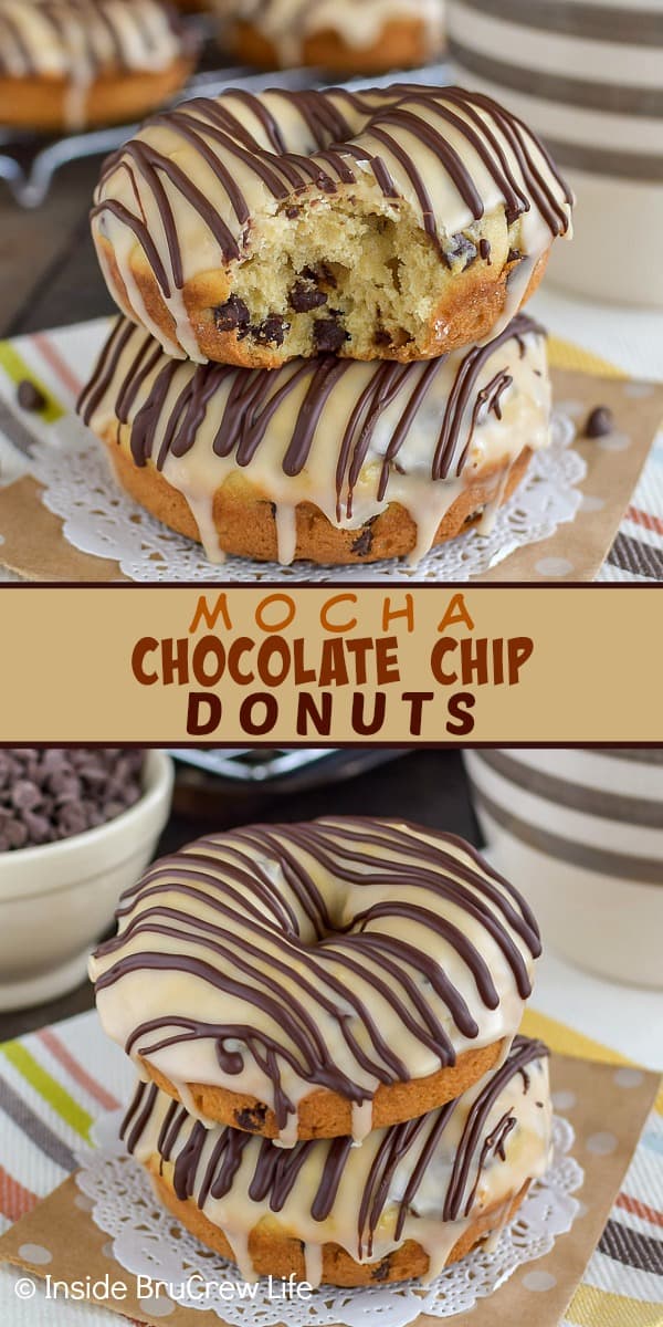 Mocha Chocolate Chip Donuts - these homemade baked donuts are loaded with chocolate chips and topped with a sweet coffee glaze. Make this easy recipe for breakfast or for after school snacks. #donuts #homemade #chocolatechip #mocha #coffee #breakfast