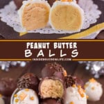 Two pictures of peanut butter balls collaged with a brown text box.