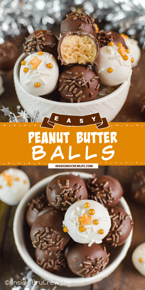 Two pictures of Peanut Butter Balls collaged together with a gold text box.
