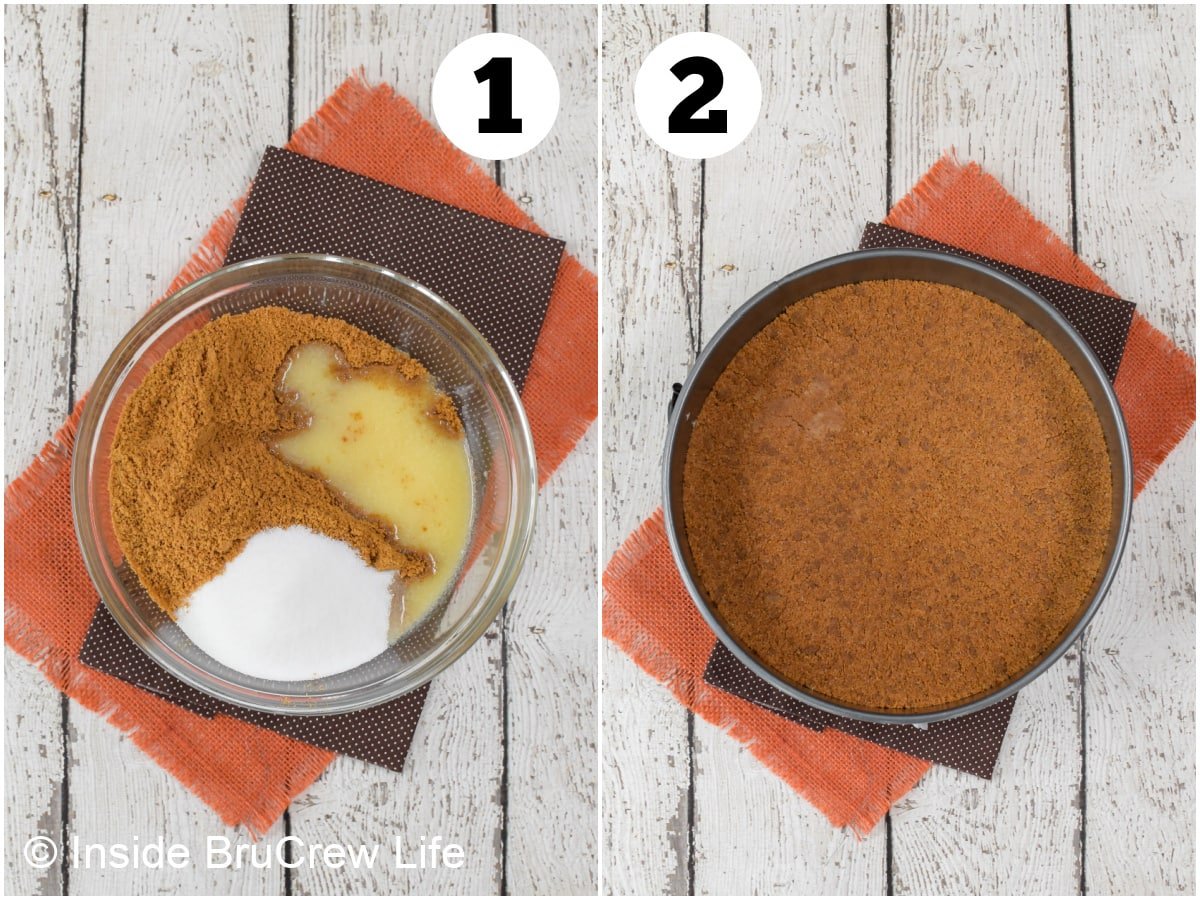 Two pictures collaged together showing how to make a cheesecake crust.