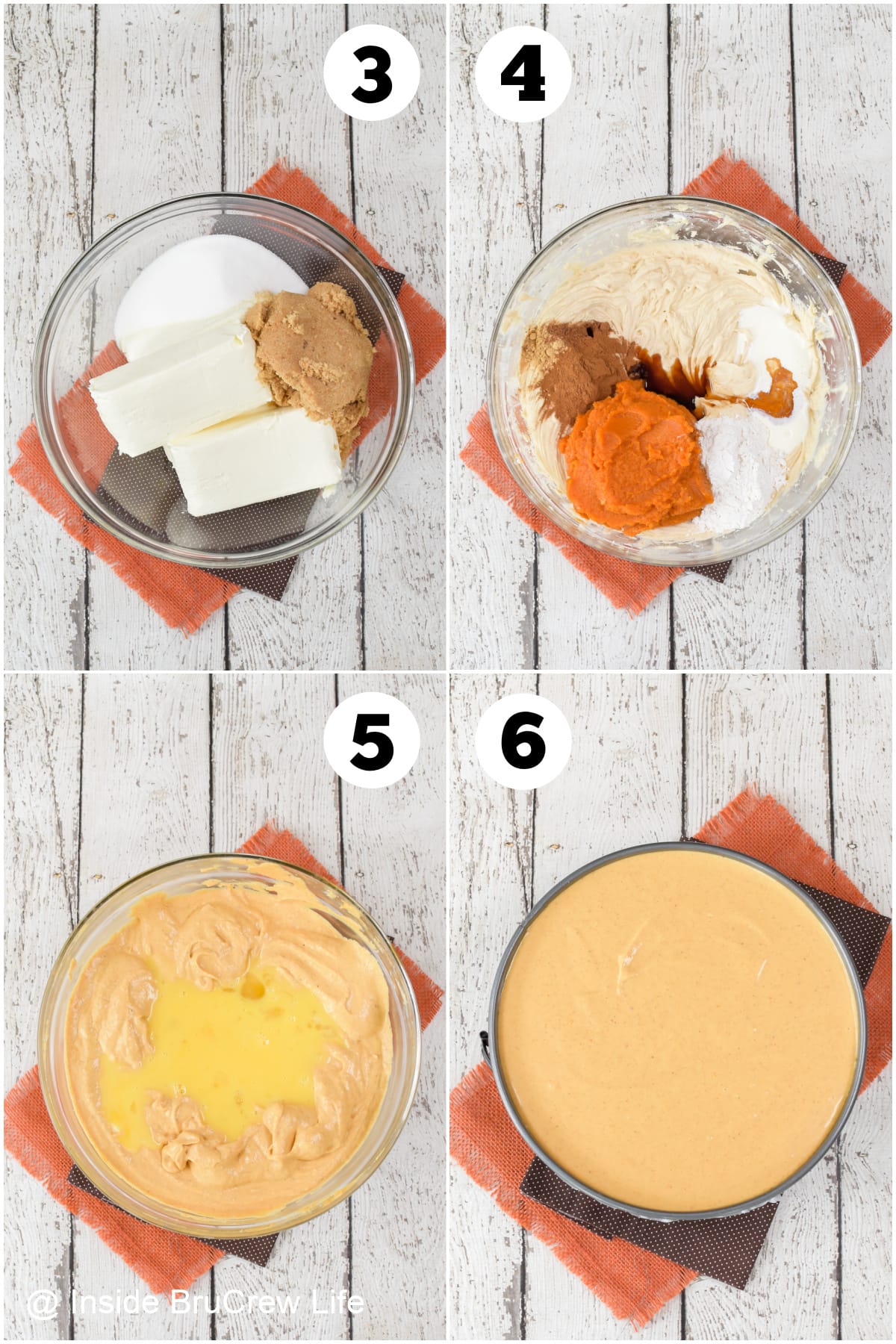 Four pictures collaged together showing how to make pumpkin cheesecake batter.