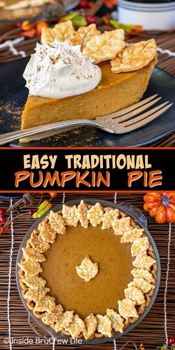 Two pictures of traditional pumpkin pie collaged together with a black text box