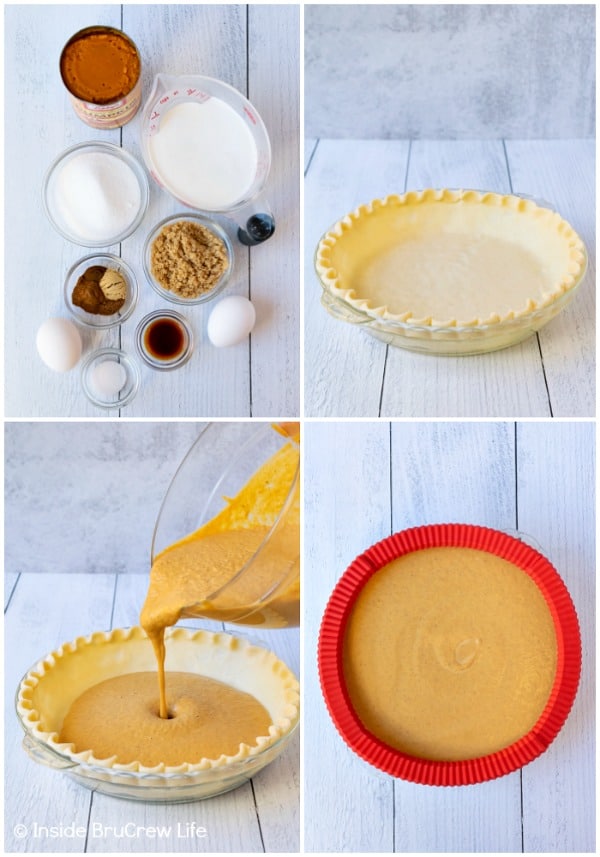 Four pictures showing how to make pumpkin pie collaged together