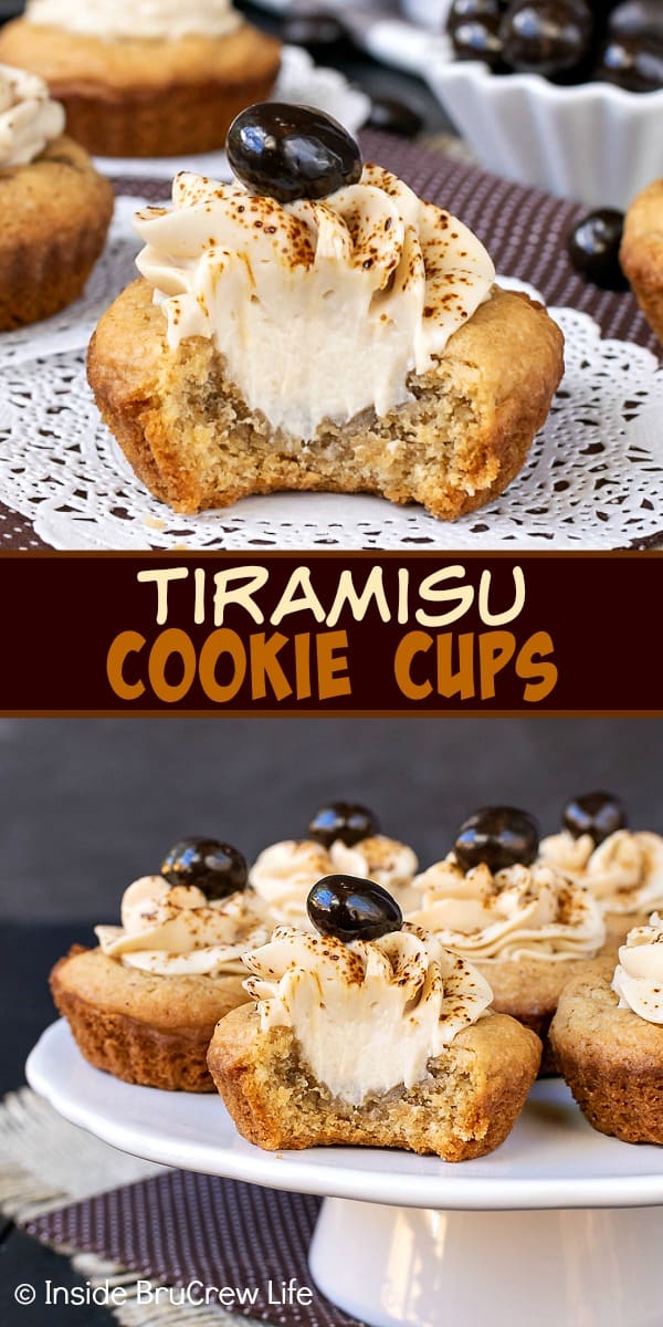 Tiramisu Cookie Cups - the creamy coffee filling makes these little coffee sugar cookie cups taste and look amazing! Easy recipe to make for cookie exchanges! #cookiecups #tiramisu #coffee #cookies #espressowhippedcream