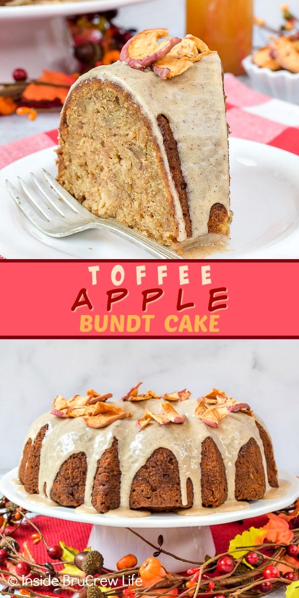 Toffee Apple Bundt Cake - this homemade spice cake is loaded with apples and toffee bits and is topped with a maple glaze. Make this easy recipe for fall parties or dessert. #cake #bundtcake #apple #toffee #spicecake #homemade