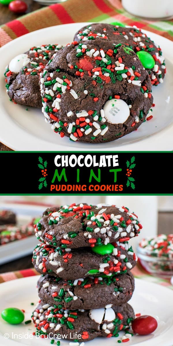 2 pictures of Chocolate Mint Pudding Cookies separated by a text box with the words chocolate mint puffing cookies.