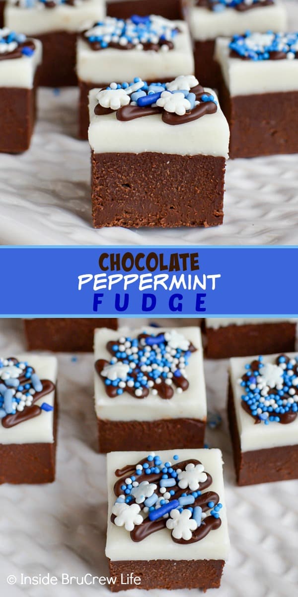 2 pictures of Chocolate Peppermint Fudge separated by a text box.