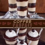 Two pictures of coffee parfaits collaged with a brown text box.