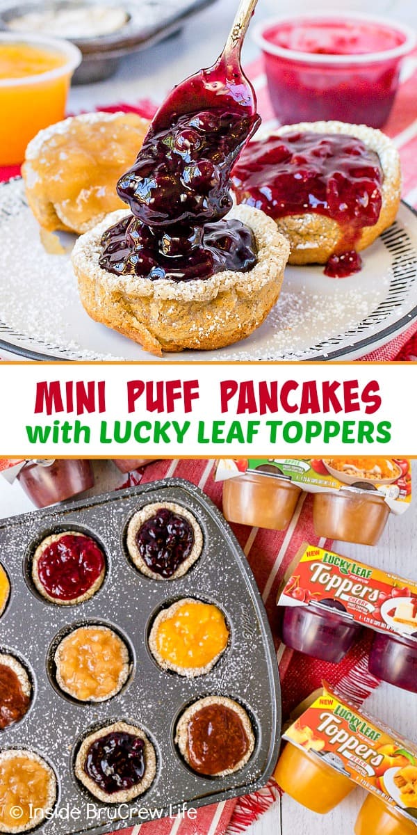 Mini Puff Pancakes with Lucky Leaf Toppers - serve these little muffin pancakes with powdered sugar and fruit Toppers. Make this easy recipe and let everyone customize their pancakes for breakfast or brunch. #pancakes #dutchbaby @luckyleaf #toppers #ad #breakfast #brunch #recipe #ILoveLuckyLeaf