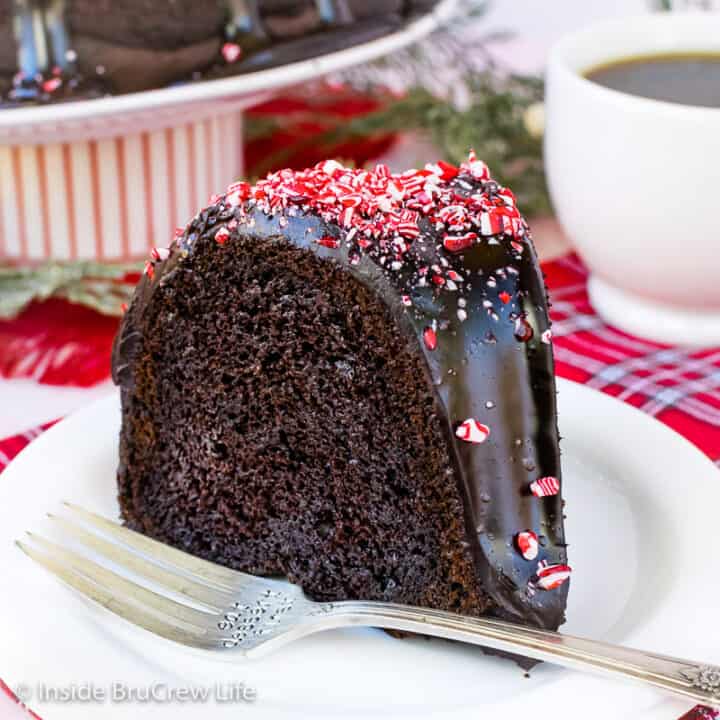 A slice of peppermint chocolate cake on a white plate.