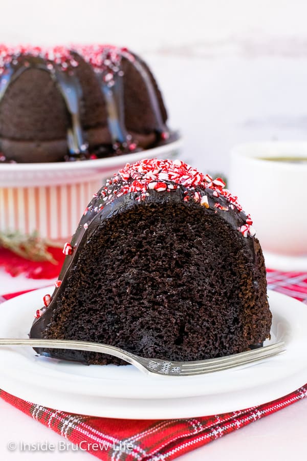 A slice of chocolate cake topped with ganache and peppermint bits on a white plate.