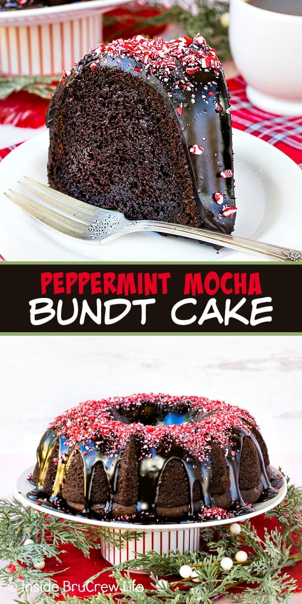 Two pictures of Peppermint Mocha Bundt Cake collaged together with a black text box.