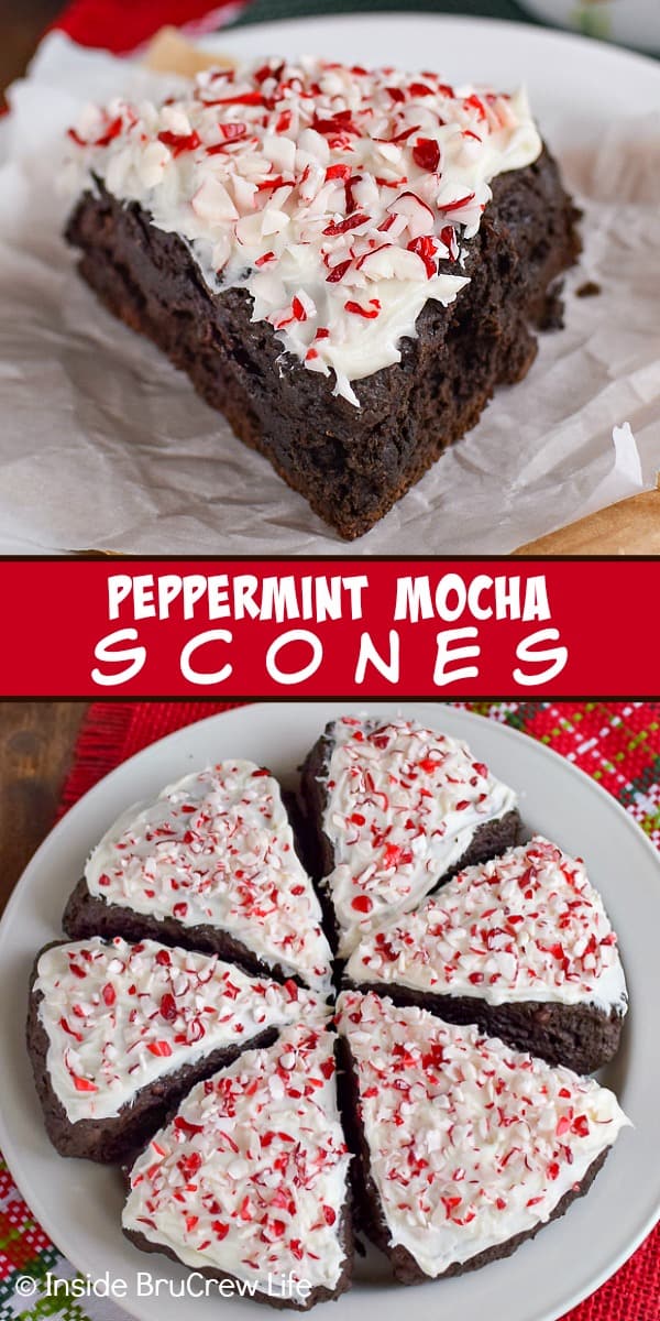 2 pictures of peppermint mocha scones separated by a text box.