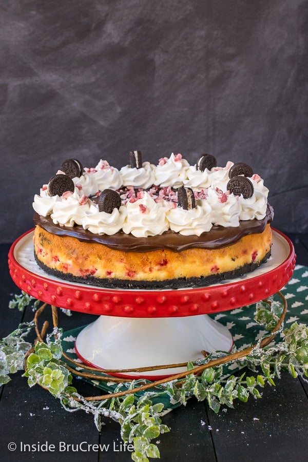 A full size Peppermint Oreo Cheesecake on a red and white cake plate.